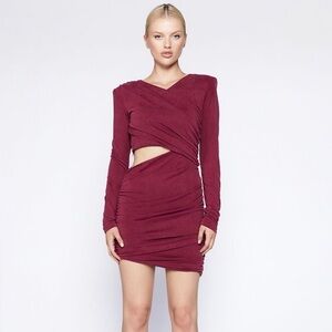 BARDOT NWT Rosa Ruched Cutout Long Sleeve Minidress in Burgundy